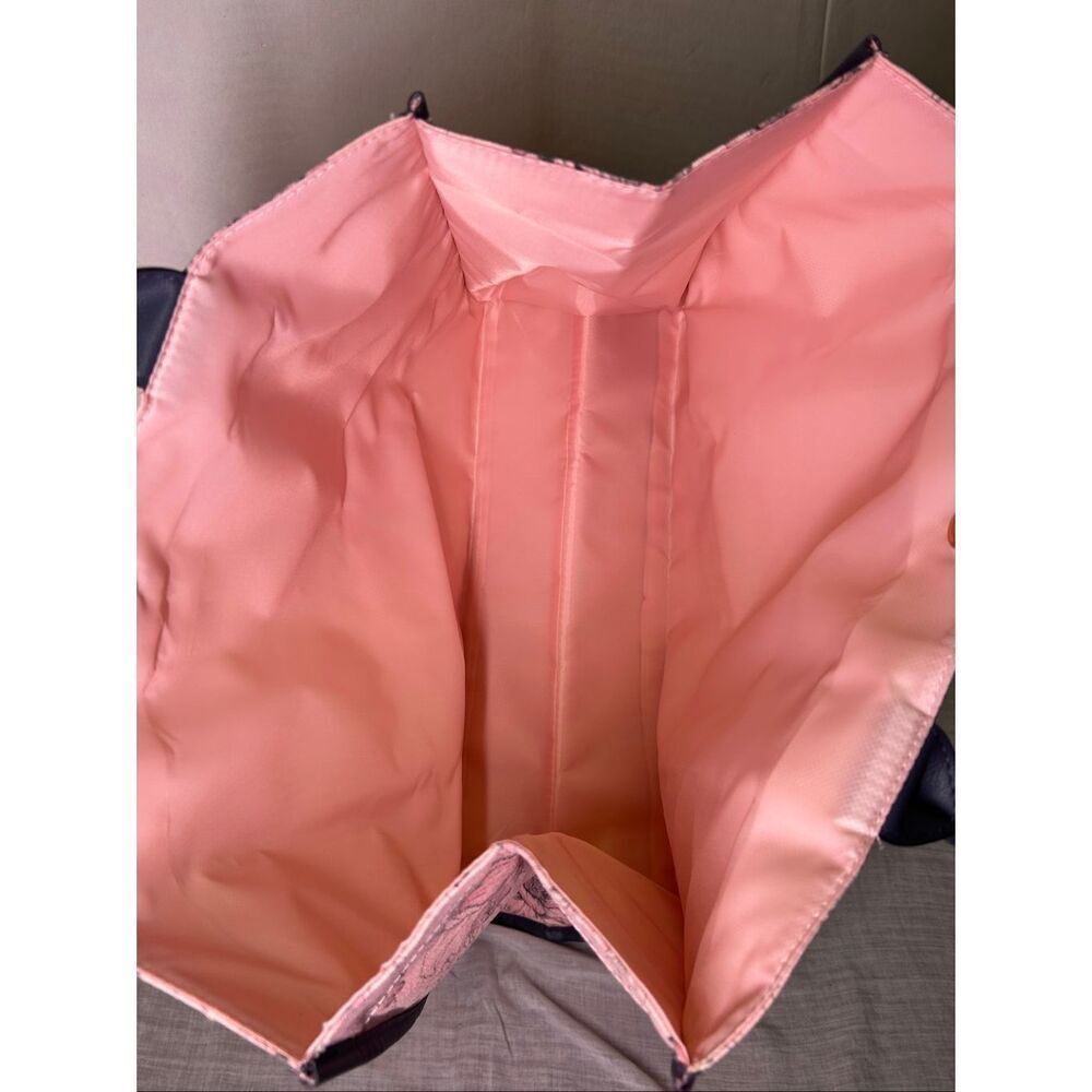 Victoria's Secret Pink Floral Canvas Travel Tote Bag Navy Blue Straps Gold VS Lo - Picture 7 of 8